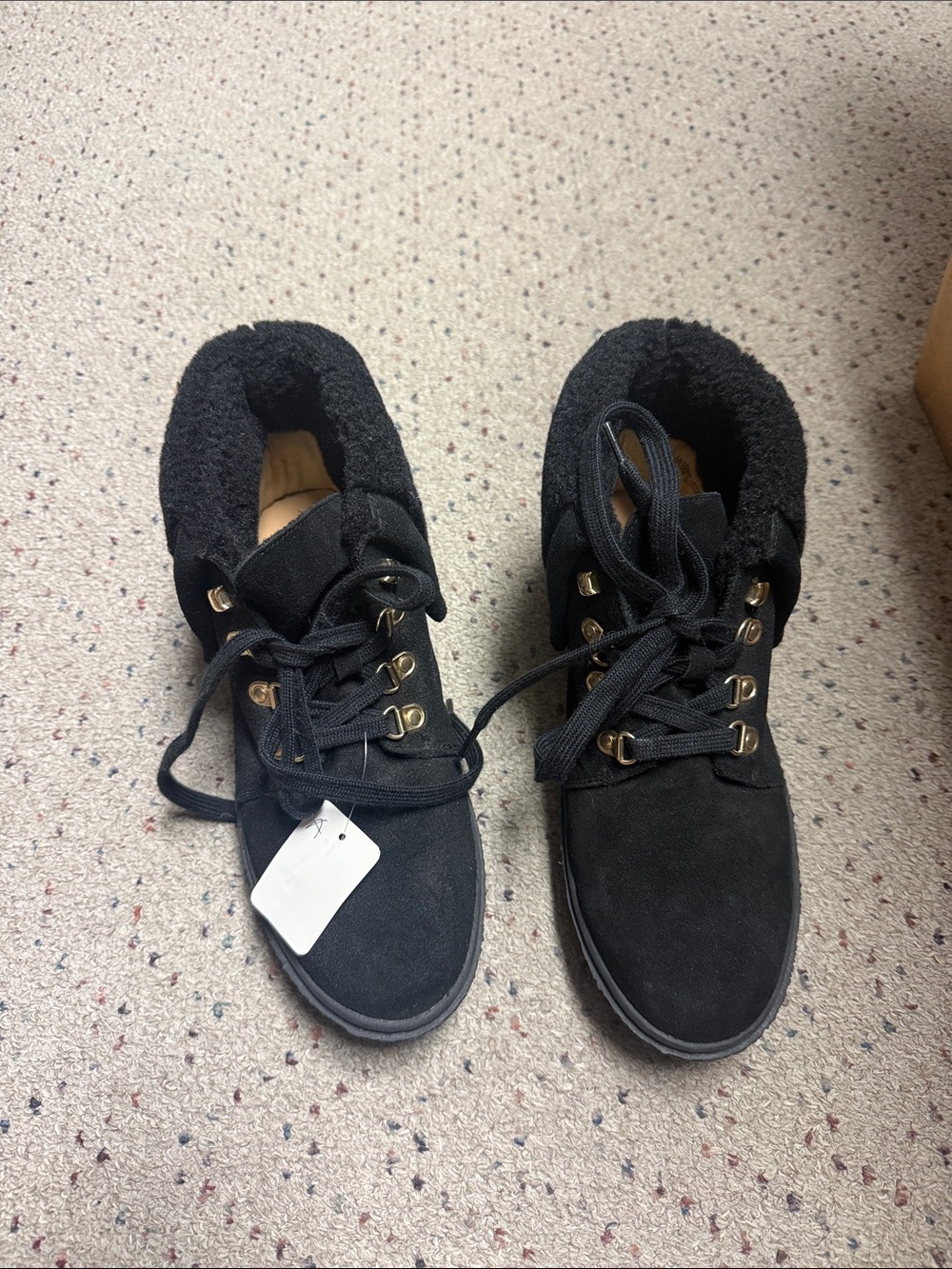 🖤8M NWOT Talbots Black Lace-Up Leather Suede Ankle Boots w/ Fleece Collar